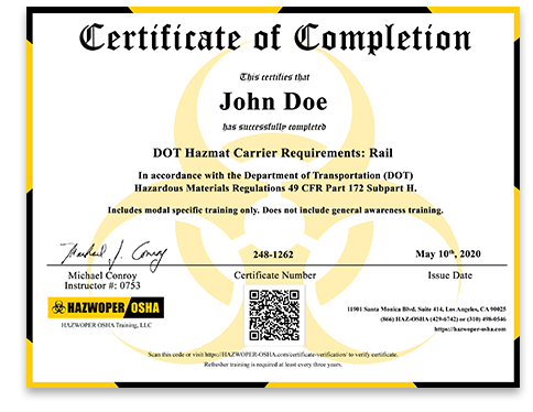 certificate of completion - 3 Hour DOT Hazmat Carrier Requirements: Rail