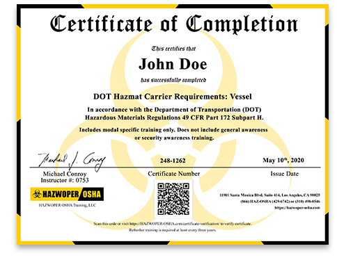 certificate of completion - 3 Hour DOT Hazmat Carrier Requirements: Vessel