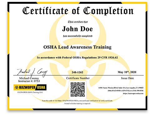 certificate of completion - OSHA Lead Awareness Training