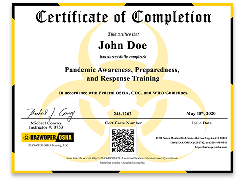 certificate of completion - Pandemic Awareness, Preparedness, and Response Training