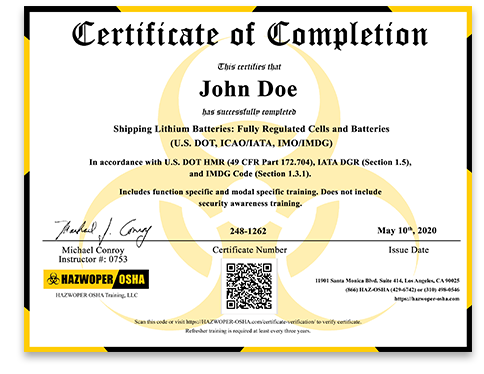 Shipping Lithium Batteries: Fully Regulated Cells and Batteries certificate