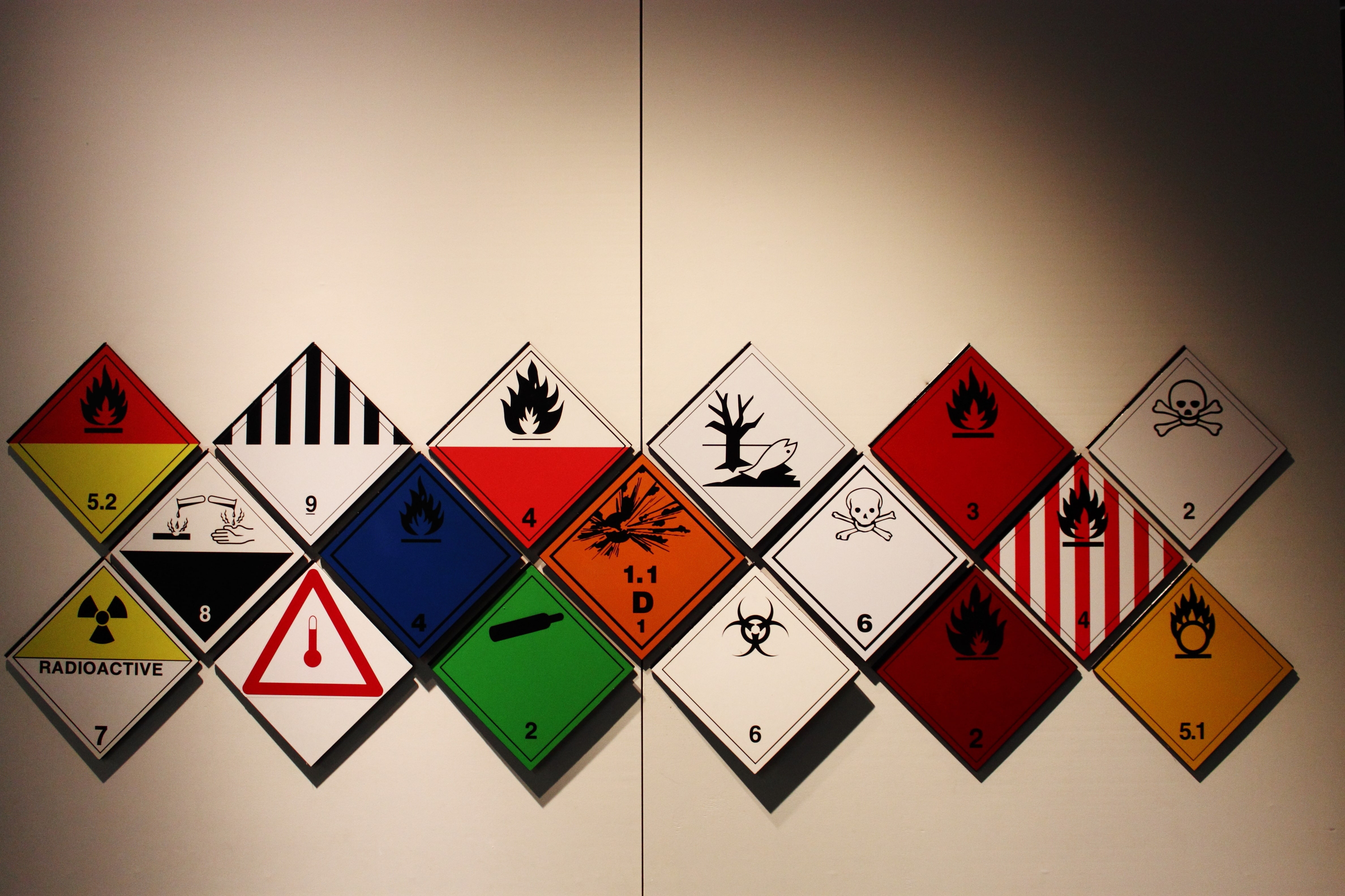 Hazardous Materials Labels and Placards mounted on a wall