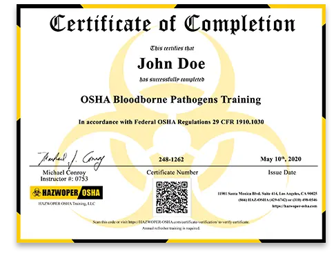 certificate of completion - OSHA Bloodborne Pathogens Training