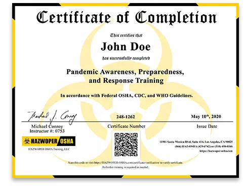 certificate of completion - Pandemic Awareness, Preparedness, and Response Training