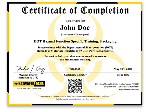 certificate of completion - 2 Hour DOT Training: Packaging