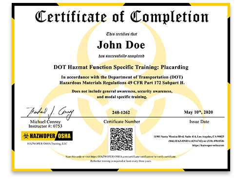 certificate of completion - 2 Hour DOT Training: Placarding