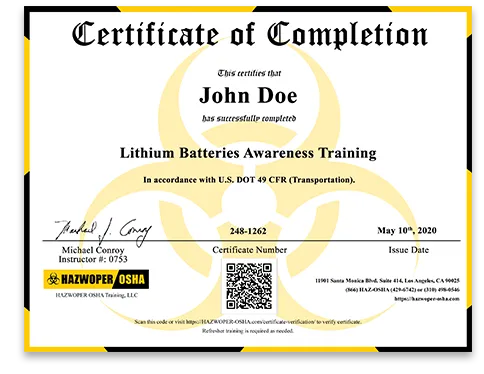 Lithium Batteries Awareness Training certificate