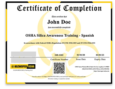 Certificado de finalización - Capacitación sobre concienciación sobre la sílice de OSHA