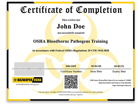 certificate of completion - OSHA Bloodborne Pathogens Training