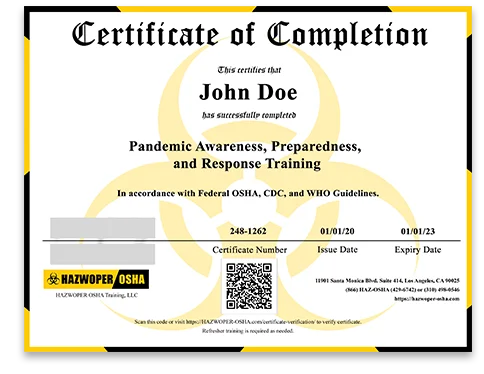 certificate of completion - Pandemic Awareness, Preparedness, and Response Training