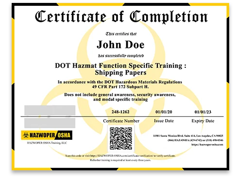 certificate of completion - 2 Hour DOT Training: Shipping Papers