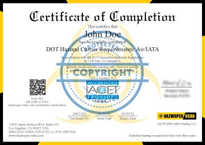 certificate of completion - 3 Hour DOT Hazmat Carrier Requirements: Air/IATA