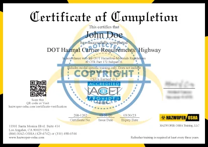 certificate of completion - 3 Hour DOT Hazmat Carrier Requirements: Highway
