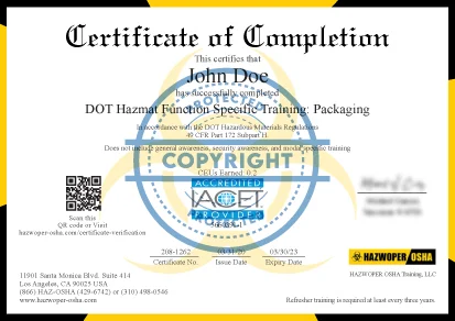 certificate of completion - 2 Hour DOT Training: Packaging