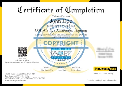 certificate of completion - OSHA Silica Awareness Training