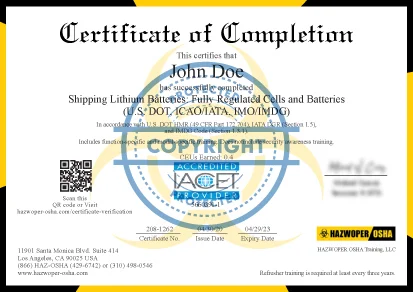 Shipping Lithium Batteries: Fully Regulated Cells and Batteries certificate