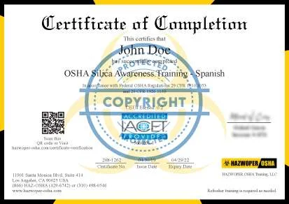 Certificado de finalización - Capacitación sobre concienciación sobre la sílice de OSHA
