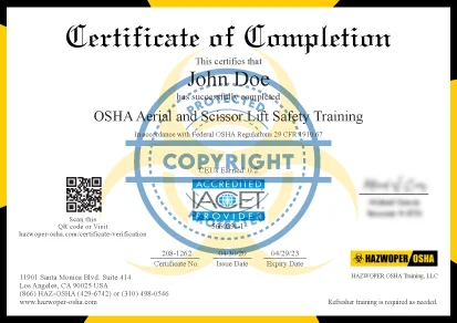 certificate of completion of OSHA Aerial and Scissor Lift Safety Training