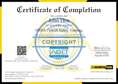 certificate of completion of OSHA Forklift Safety Training