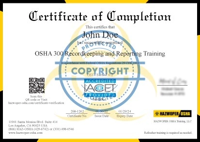 certificate of completion of OSHA 300 Recordkeeping and Reporting Training