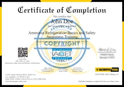 certificate of completion of Ammonia Refrigeration Basics and Safety Awareness