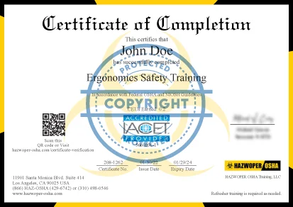 certificate of completion of Ergonomics Safety Training
