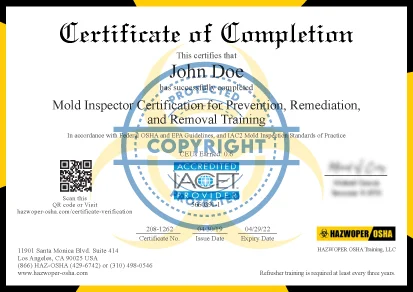 certificate of completion of Mold Inspector Certification for Prevention, Remediation, and Removal Training