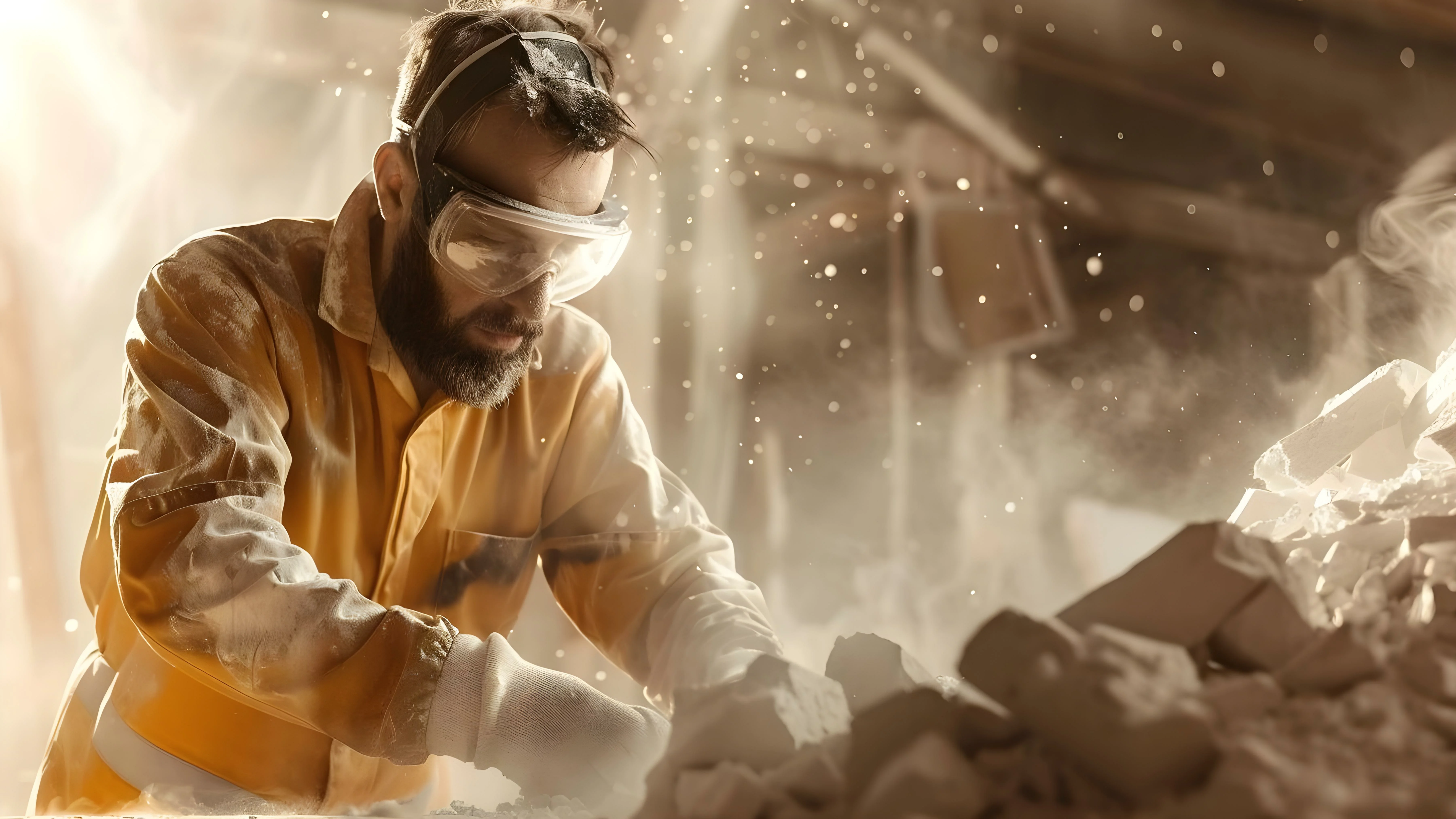 A worker wearing PPE in asbestos exposed environment.