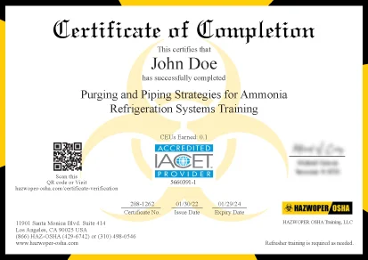 certificate of completion of Purging and Piping Strategies for Ammonia Refrigeration Systems Training
