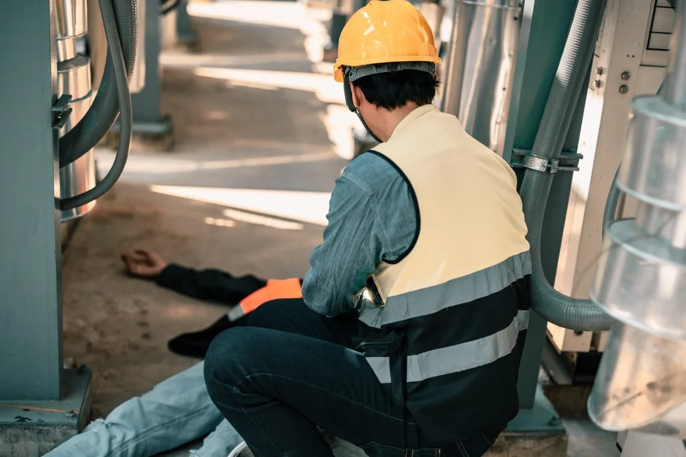 A worker checking an unconscious worker in a factory