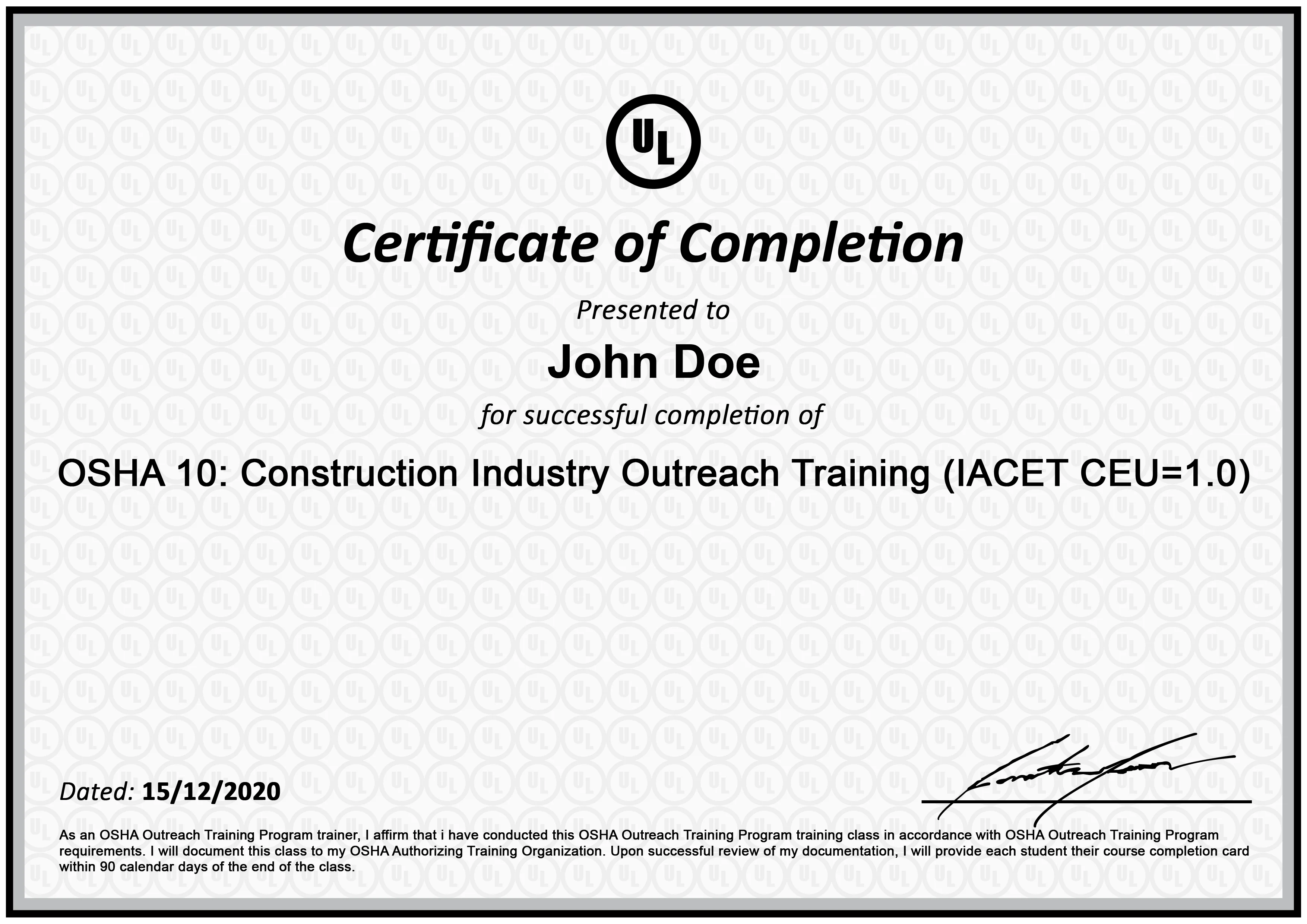 OSHA 10 Hour Outreach Training for General Industry - training course completion card