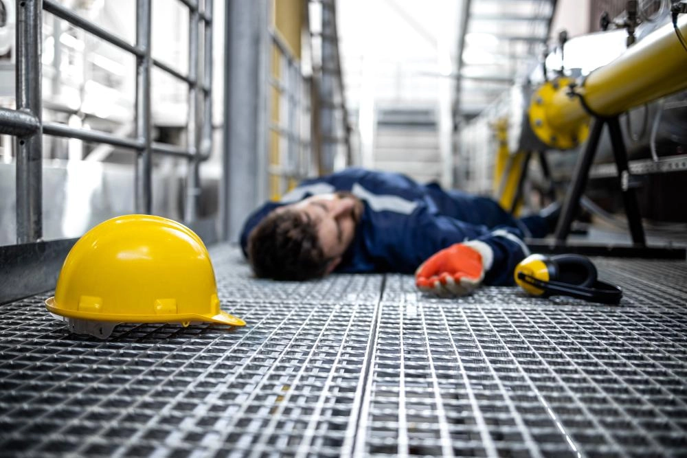 Worker in factory lying unconscious after an accident 