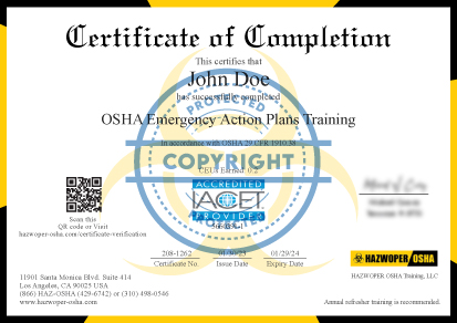 certificate of completion of OSHA Emergency Action Plans Training