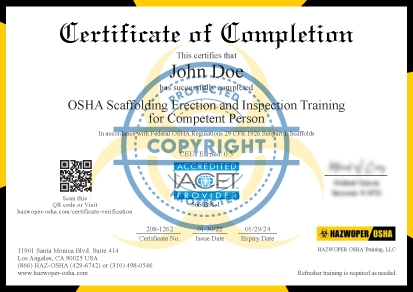 certificate of completion of OSHA Scaffolding Erection and Inspection Training for Competent Person