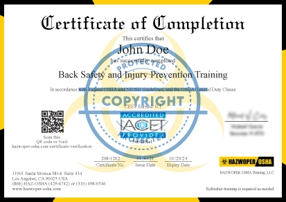 certificate of completion of Back Safety and Injury Prevention Training