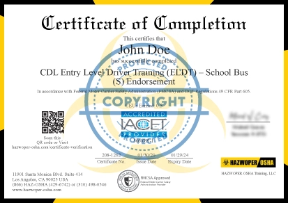 certificate of completion of CDL Entry Level Driver Training (ELDT)—School Bus (S) Endorsement course