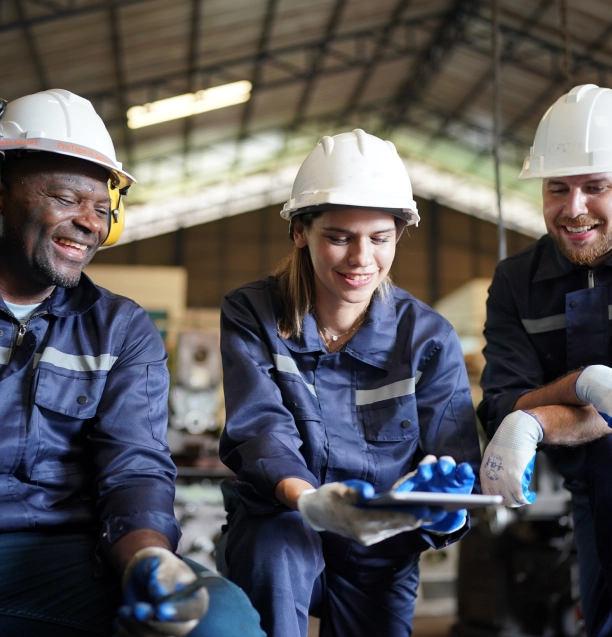 Workers discussing safety procedures