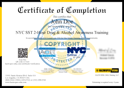 certificate of completion of NYC SST 2-Hour Drug and Alcohol Awareness course