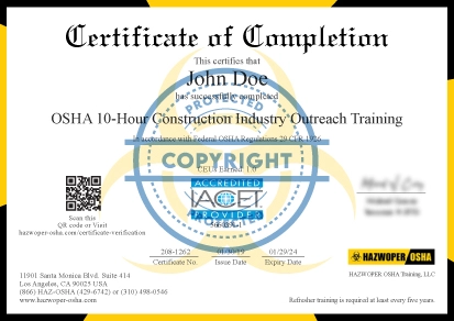 certificate of completion of OSHA 10 Hour Construction Industry Outreach Online Training course