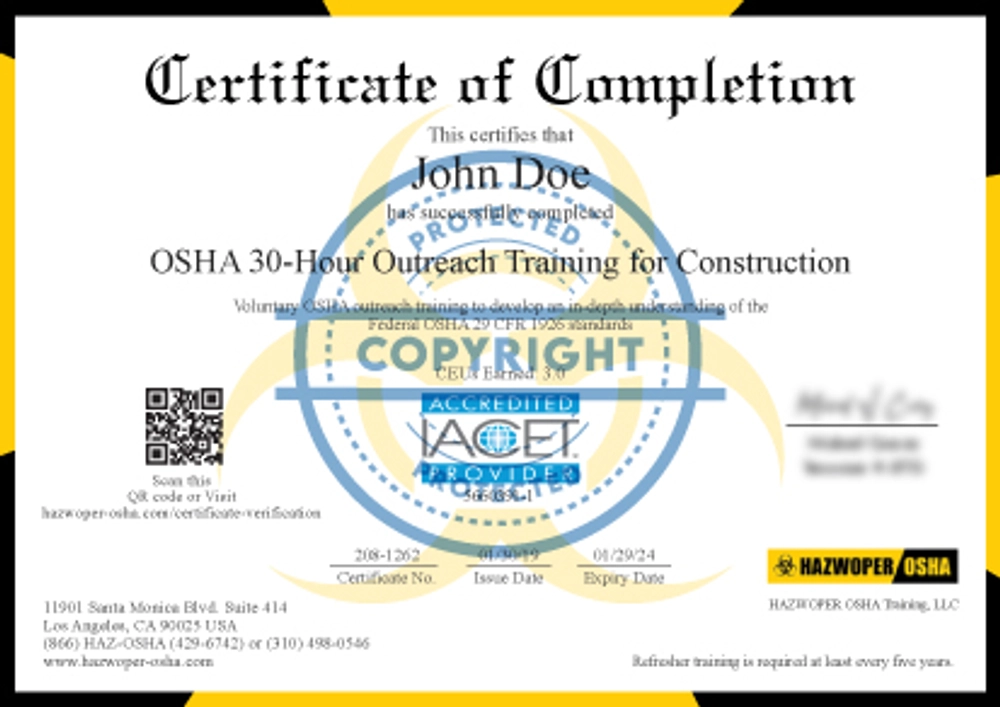 certificate of completion of OSHA 30 Hour Construction Industry Outreach Online Training course