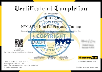 certificate of completion of NYC SST 4-hour Fall Prevention Training course