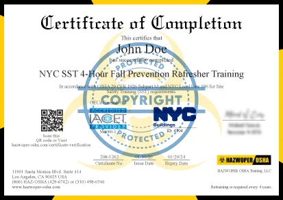 certificate of completion of  NYC SST 4-Hour Fall Prevention Refresher Training course