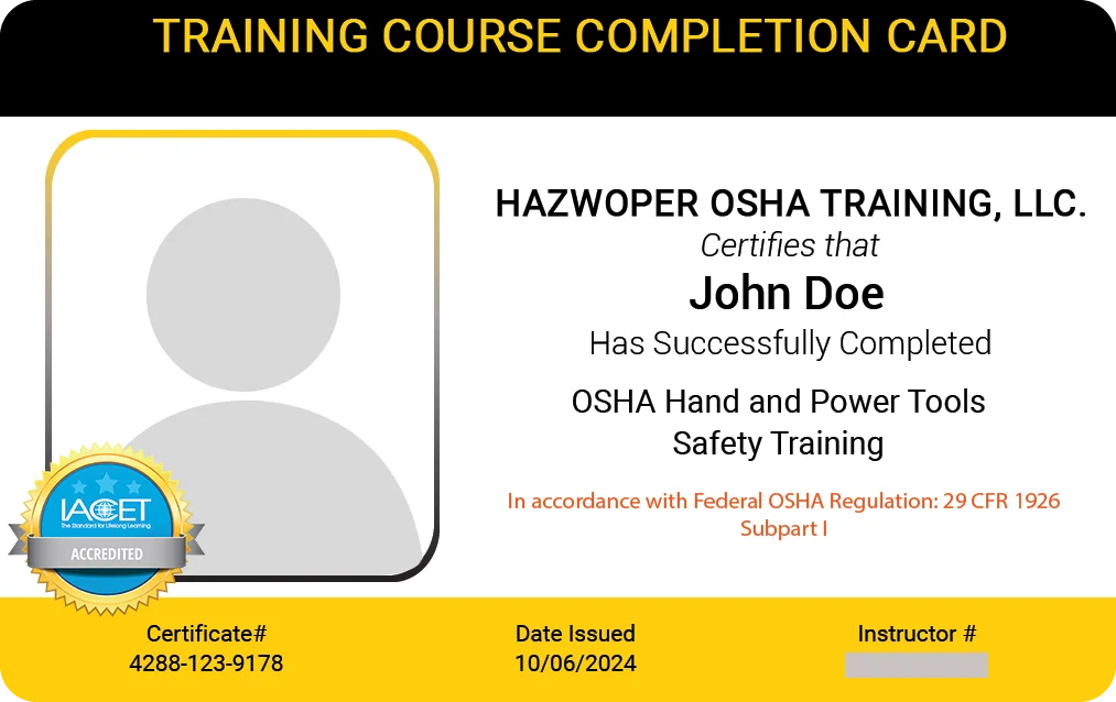 OSHA Hand and Power Tools Safety Training PVC Card