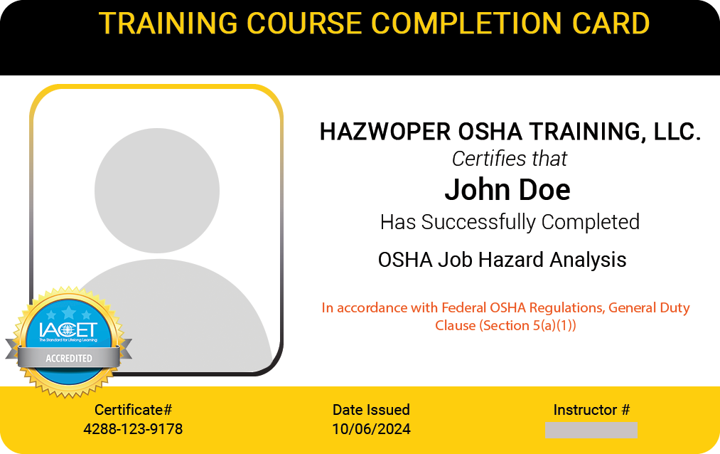 PVC Card for OSHA Job Hazard Analysis Training