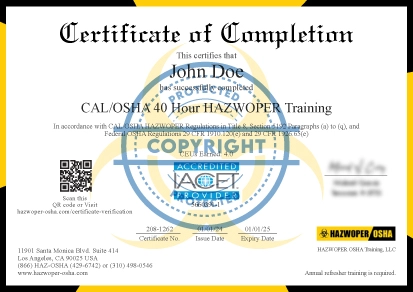 certificate of completion - CAL/OSHA 40 Hour HAZWOPER Training