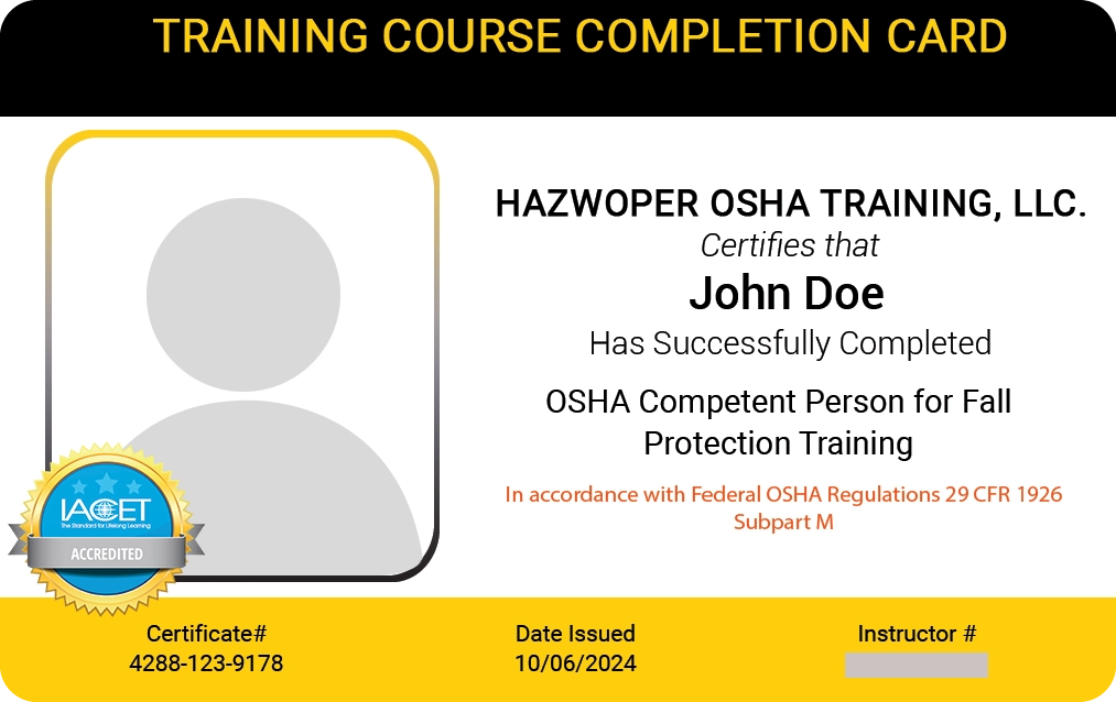 PVC Card for OSHA Competent Person for Fall Protection Training