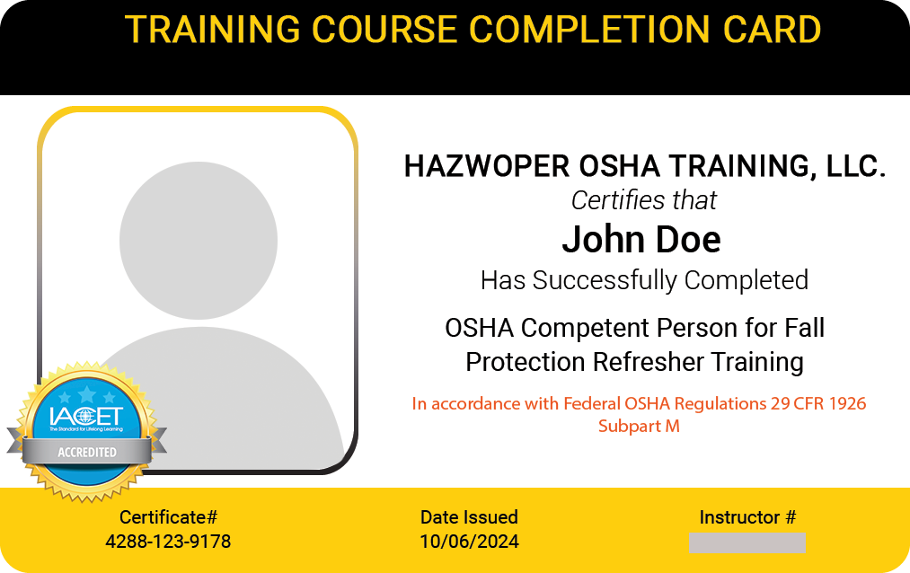 PVC Card for OSHA Competent Person for Fall Protection Refresher Training