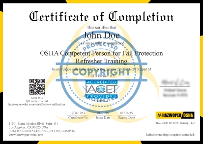 certificate of completion - OSHA Competent Person for Fall Protection Refresher Training