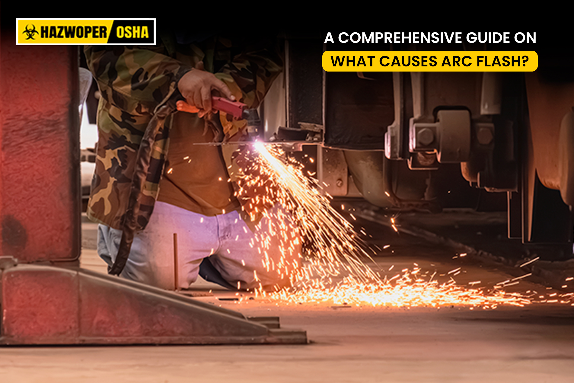 A worker welding and producing arc flashes.  