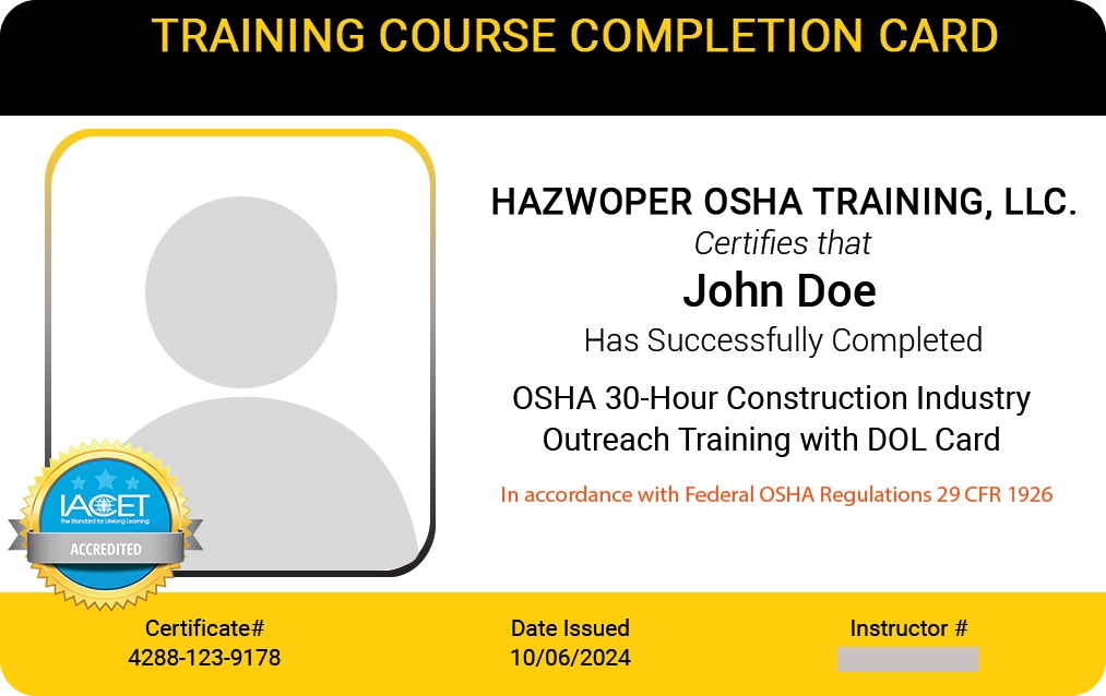 PVC Card for OSHA 30-Hour Construction Industry Outreach Training with DOL Card